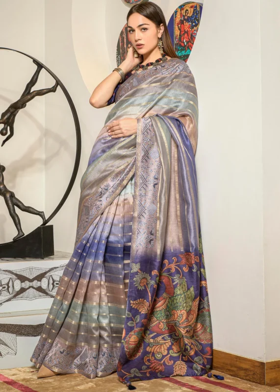 English Violet Printed Organza Silk Saree