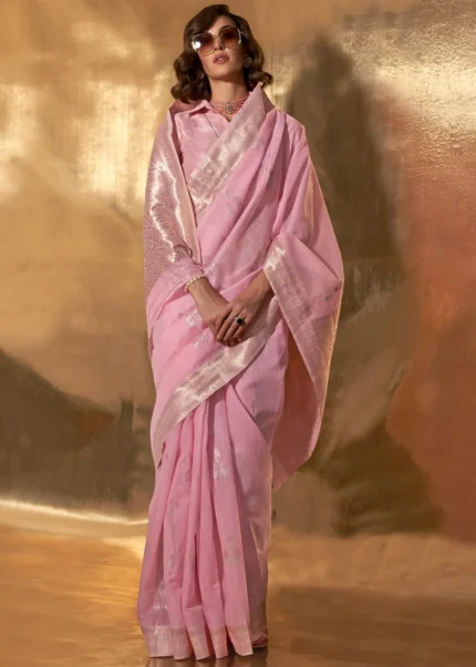 Light Pink Linen Saree with Brocade Blouse