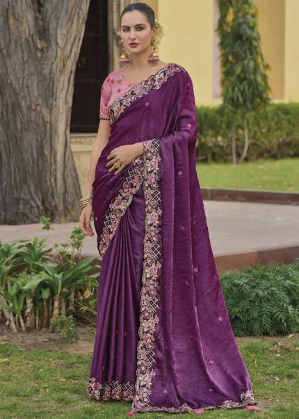 Magenta Embroidered Crushed Silk Saree