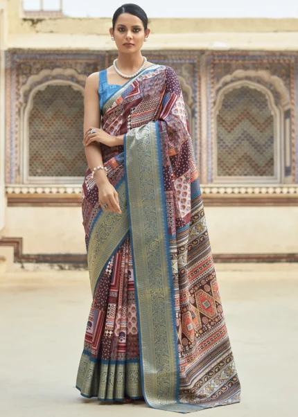 Maroon Printed Dola Silk Saree