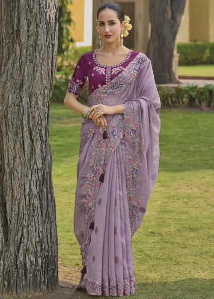 Mauve Embroidered Organza Silk Saree