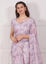 Pastel Purple Printed Organza Silk Saree