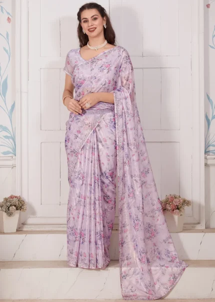 Pastel Purple Printed Organza Silk Saree