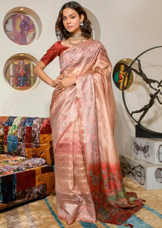 Peach Printed Organza Silk Saree