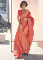 Salmon Orange Banarasi Silk Saree