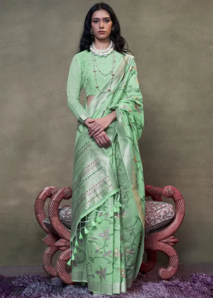 Sea Green Jamdani Cotton Silk Saree