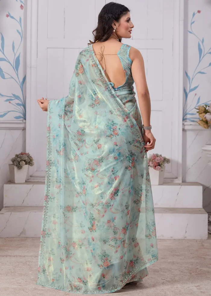 Sky Blue Printed Organza Silk Saree