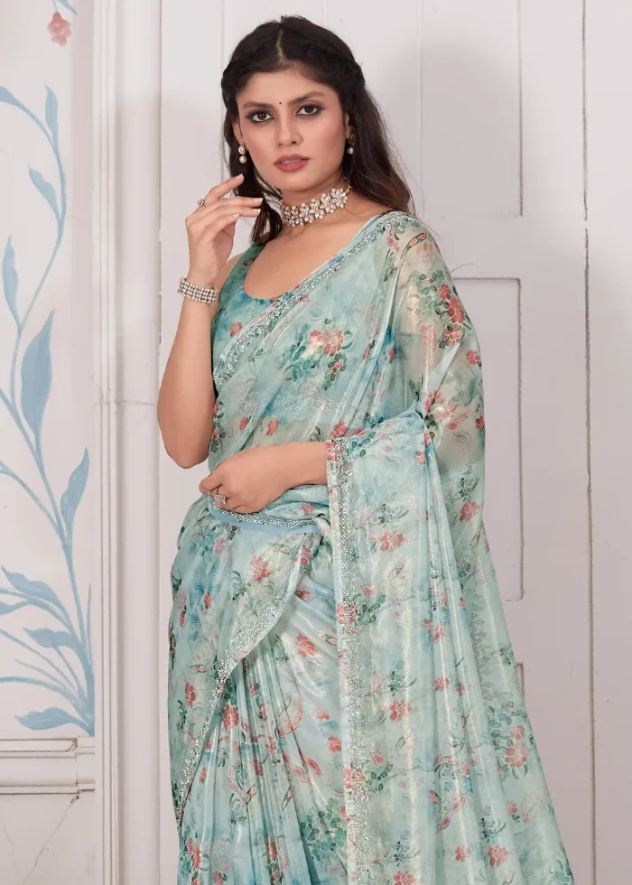 Sky Blue Printed Organza Silk Saree