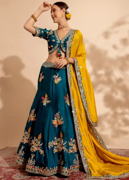 Teal Blue Embroidered Organza Lehenga