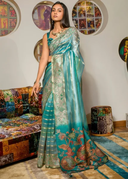 Turquoise Printed Organza Silk Saree