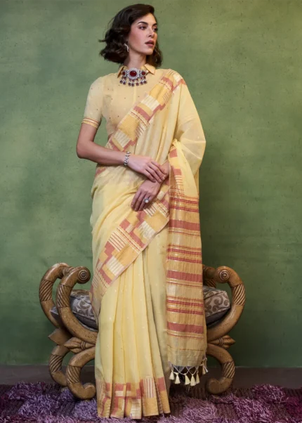 Yellow Cotton Silk Saree with Brocade Blouse