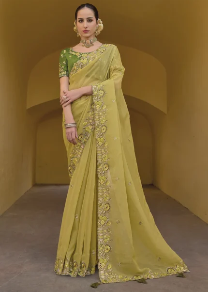 Yellow Embroidered Organza Silk Saree