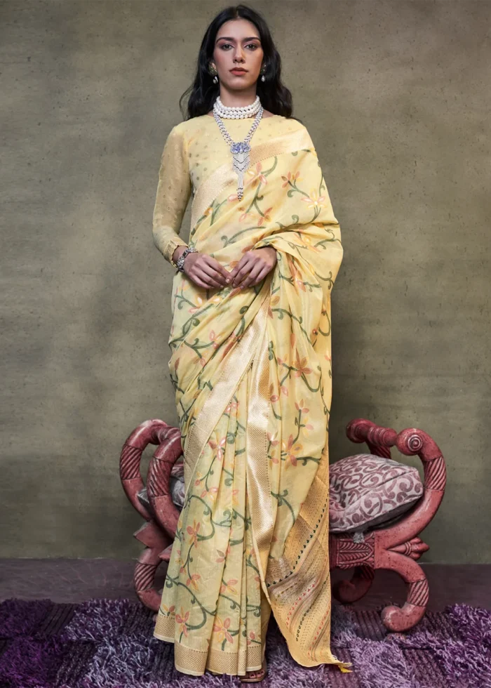 Yellow Jamdani Cotton Silk Saree