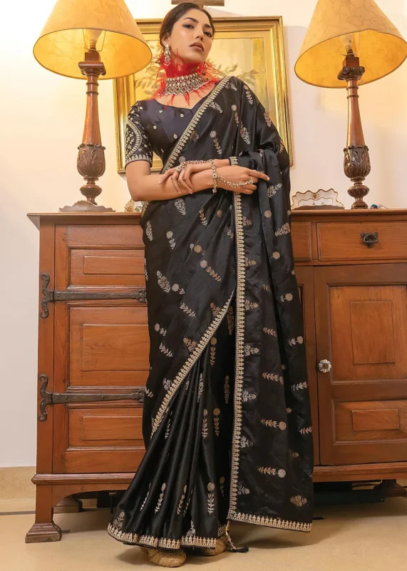 Black Satin Silk Saree with Zari Work