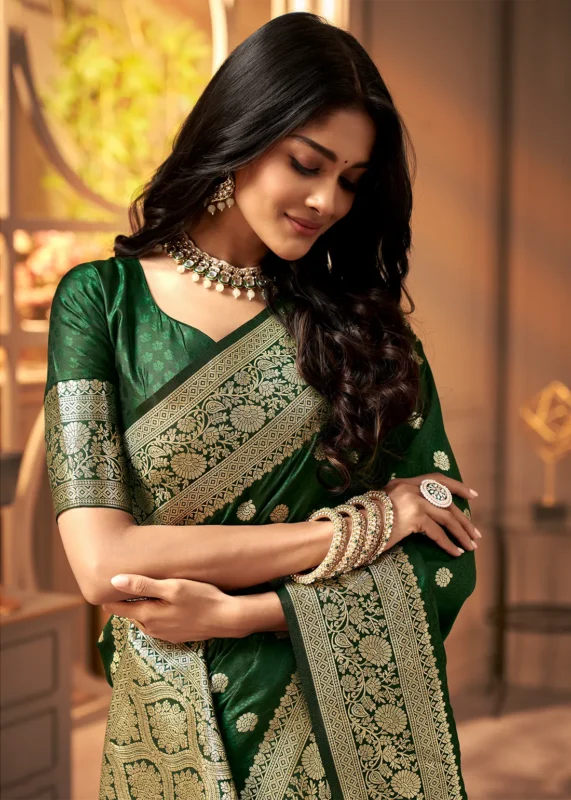 Bottle Green Banarasi Satin Silk Saree