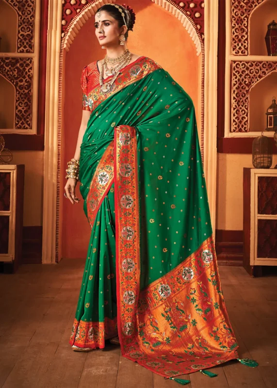 Dark Green Paithani Silk Saree with Stone Work