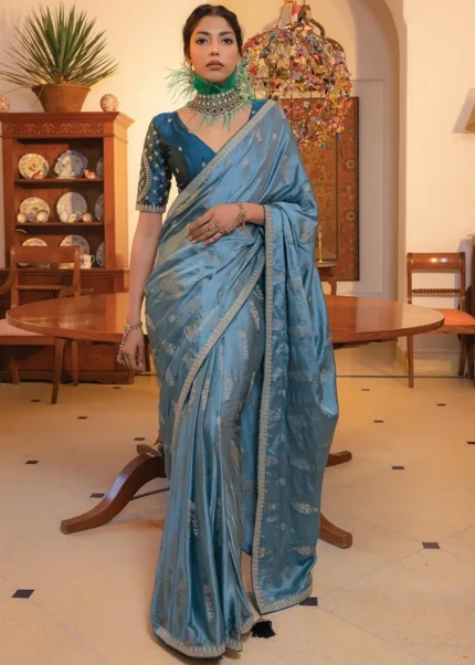 Dusty Blue Satin Silk Saree