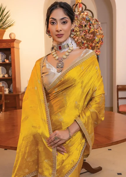 Golden Yellow Satin Silk Saree with Zari Work