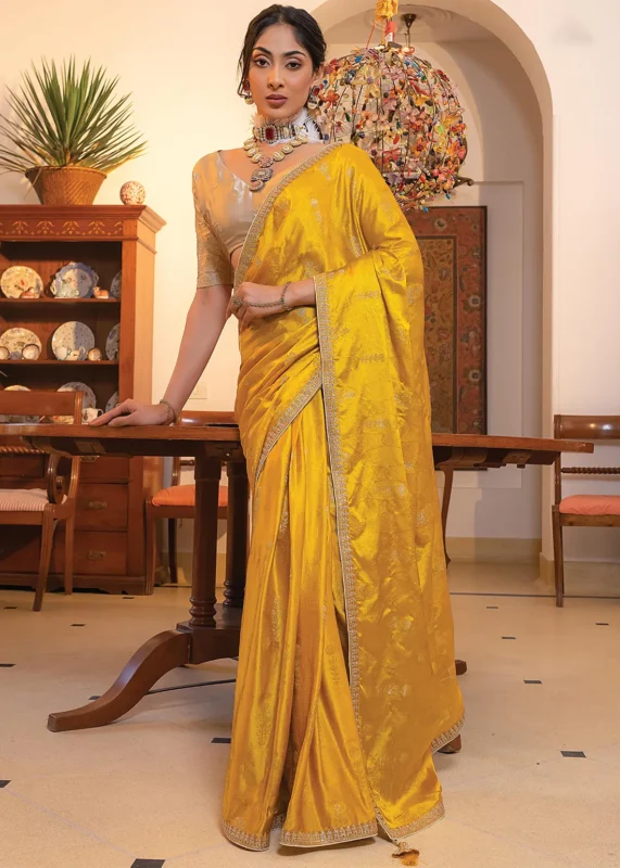 Golden Yellow Satin Silk Saree with Zari Work