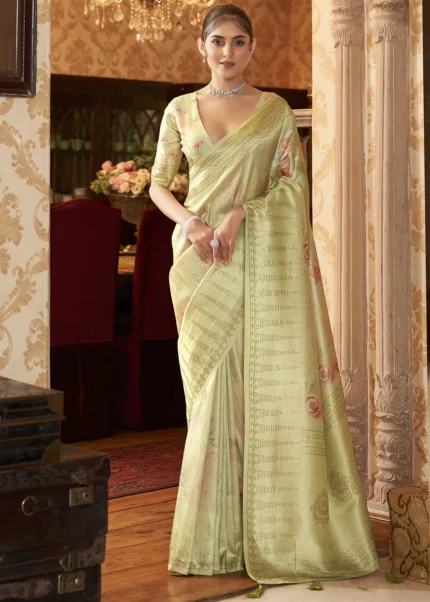 Pastel Olive Kanjivaram Saree with Stone Work