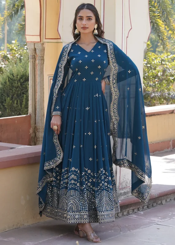 Peacock Blue Georgette Anarkali Gown