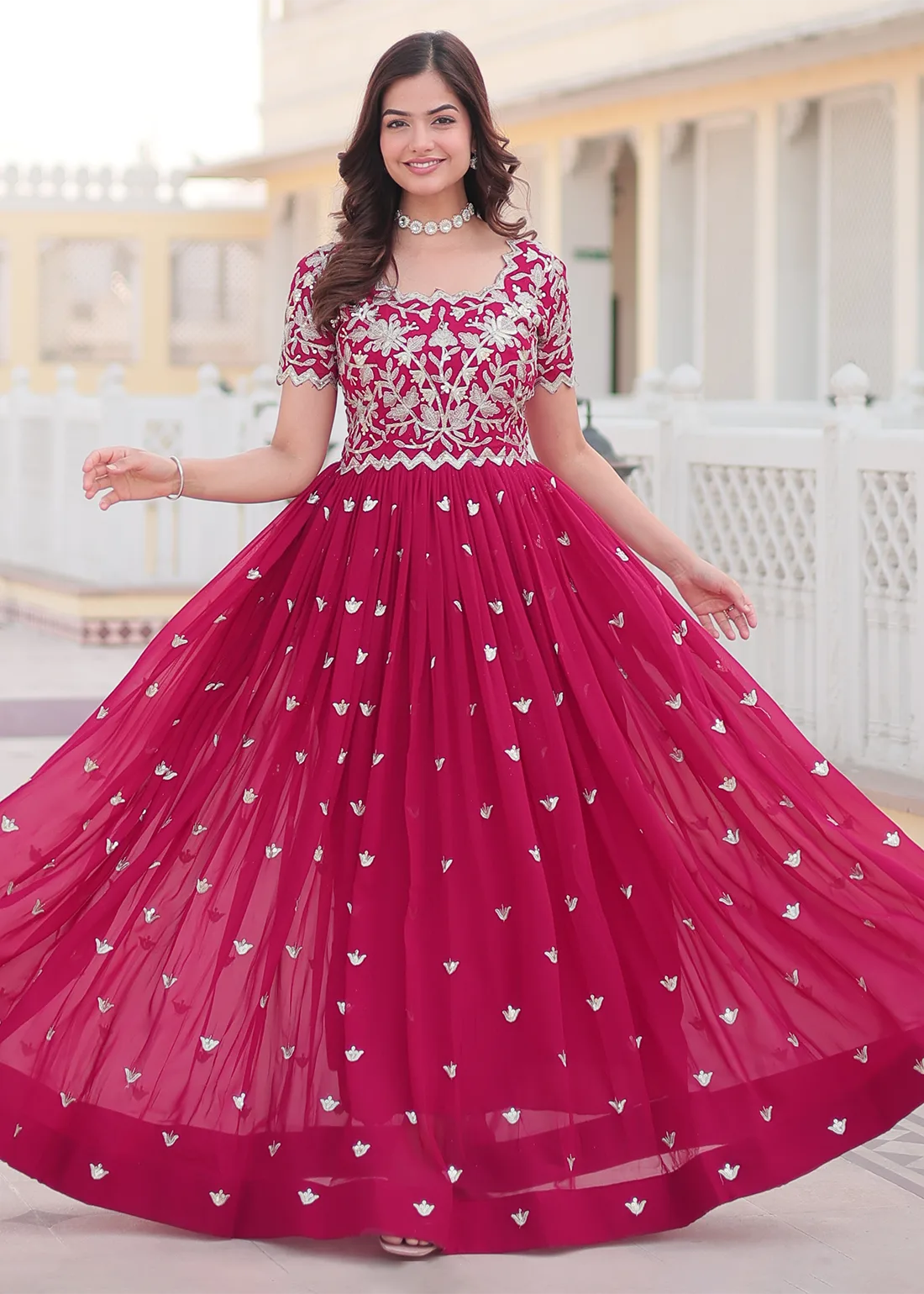 Rani Pink Georgette Embroidered Anarkali Gown Urban Womania