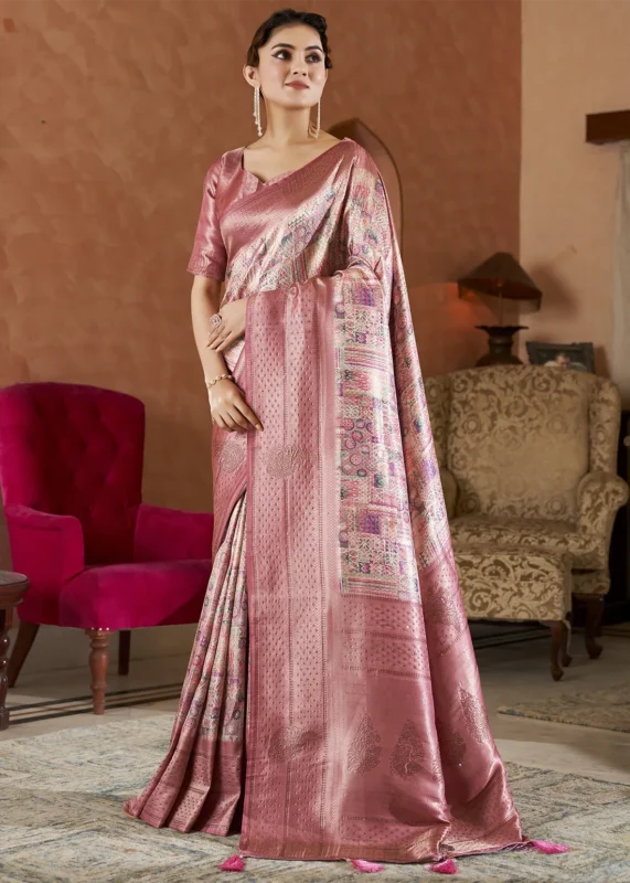 Rose Pink Kanjivaram Saree with Stone Work