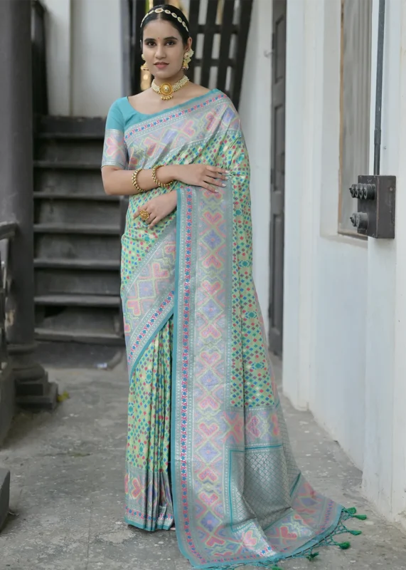 Sea Green Patola Silk Saree with Blue Blouse