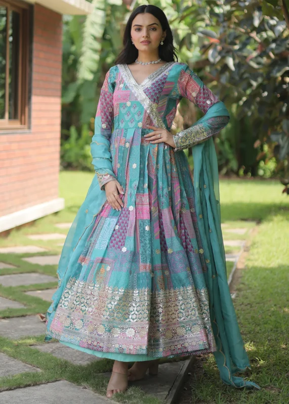 Teal Silk Anarkali Gown