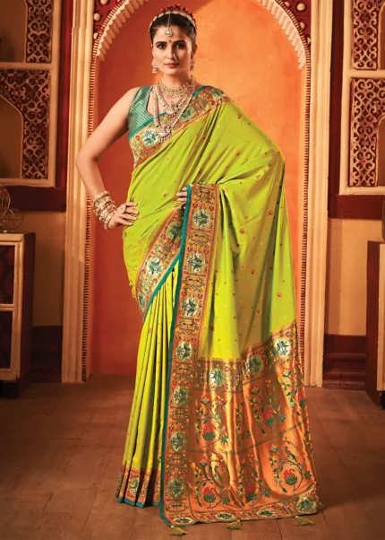 Slime Green Paithani Silk Saree with Stone Work