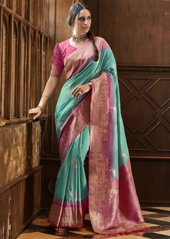 Turquoise Banarasi Silk Saree