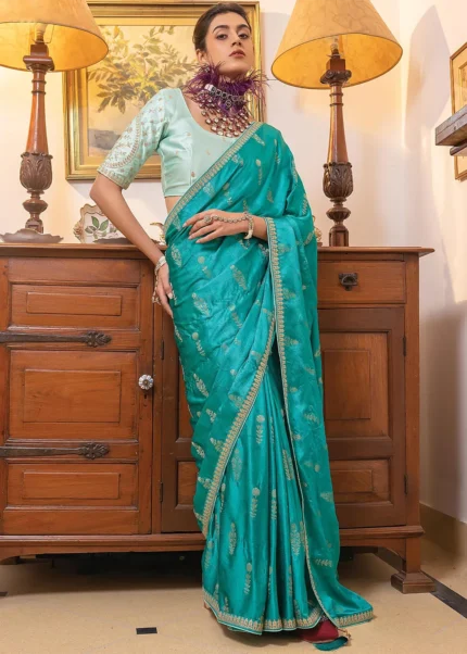 Turquoise Satin Silk Saree with Zari Work