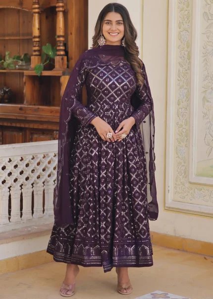 Wine Georgette Anarkali Gown