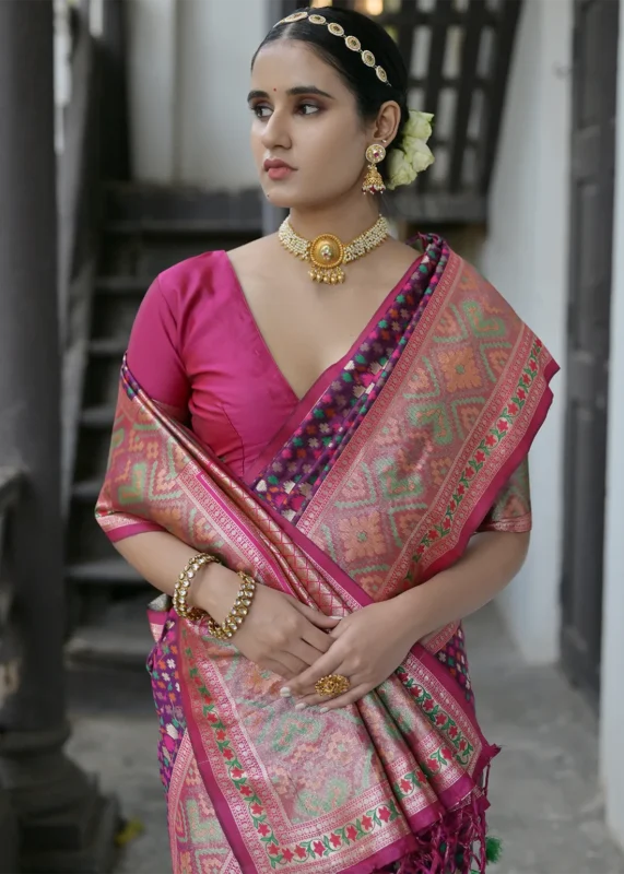 Wine Patola Silk Saree with Magenta Blouse