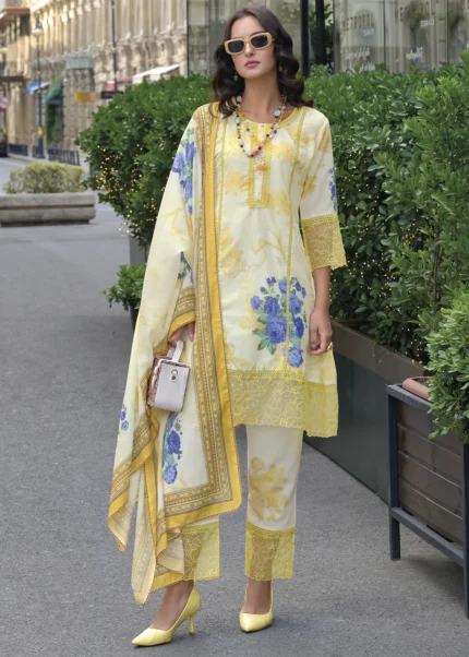 Yellow Printed Cotton Suit with Embroidery Work