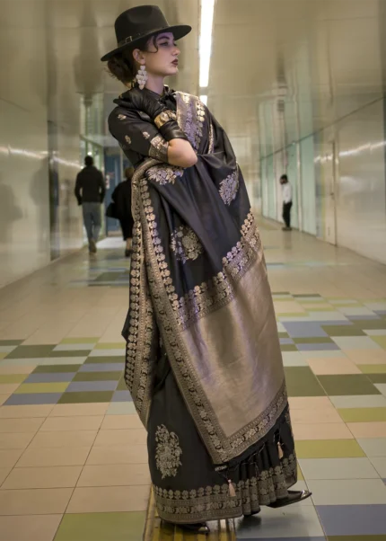 Black Banarasi Katan Silk Saree