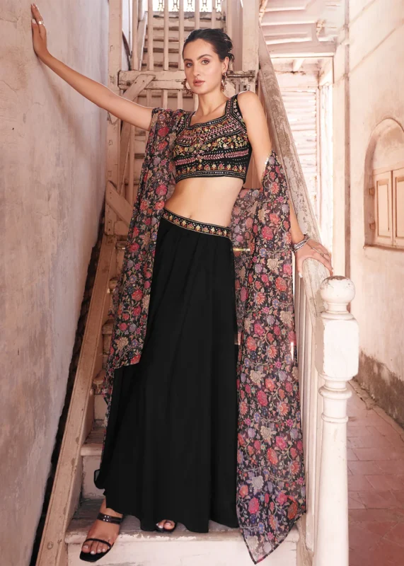 Black Embroidered Georgette Crop Top Sharara with Shrug