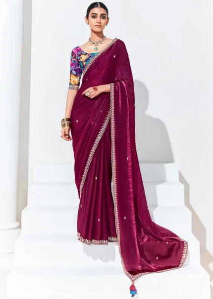 Burgundy Embroidered Organza Silk Saree