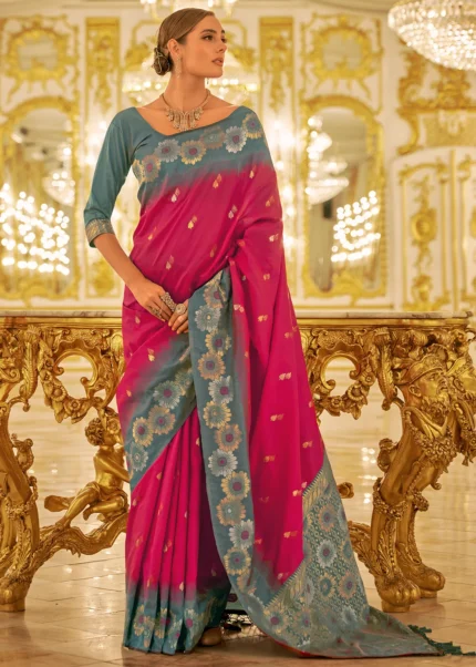 Carnation Pink Banarasi Silk Saree