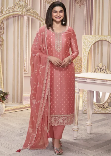 Coral Peach Georgette Silk Printed Suit