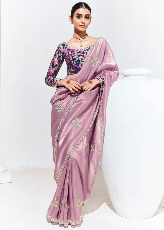 Mauve Embroidered Organza Silk Saree