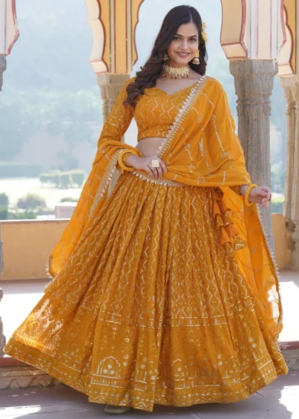 Mustard Yellow Embroidered Georgette Lehenga