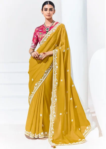 Mustard Yellow Embroidered Organza Silk Saree