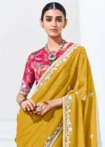 Mustard Yellow Embroidered Organza Silk Saree