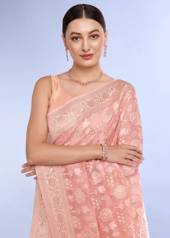 Peach Banarasi Organza Silk Saree