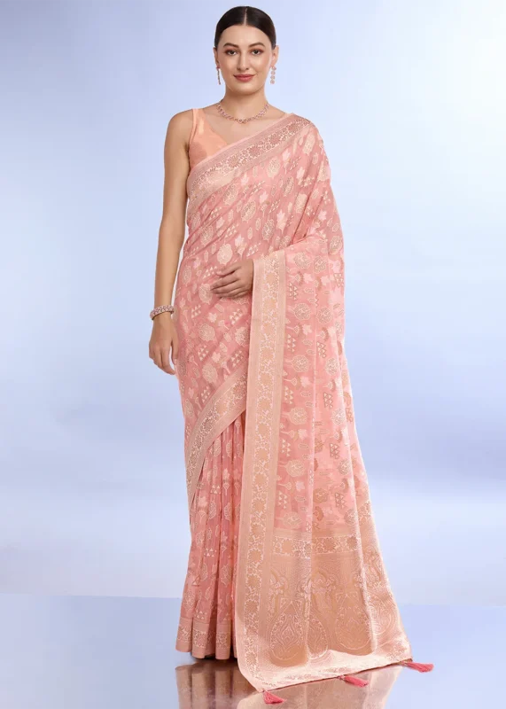 Peach Banarasi Organza Silk Saree