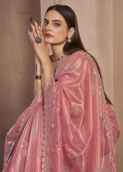 Peach Embroidered Net Saree with Stone Work