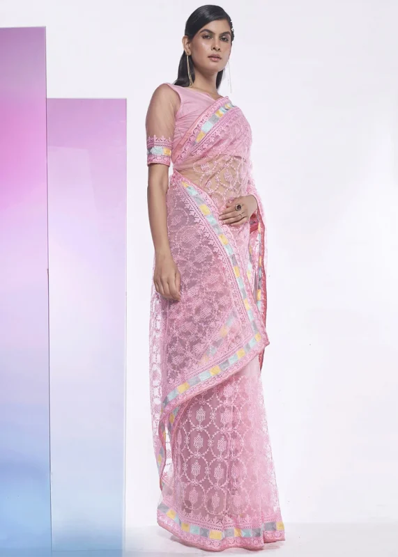 Pink Embroidered Net Saree