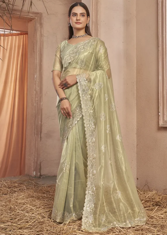 Pista Green Embroidered Net Saree with Stone Work