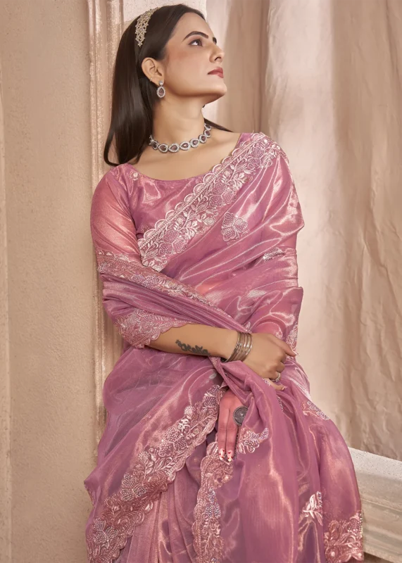 Rose Pink Embroidered Net Saree with Stone Work